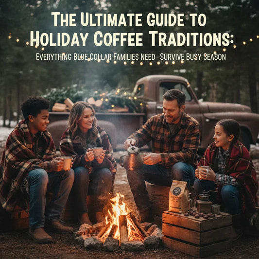 Blue collar family gathered around the table sharing holiday coffee traditions with Blue Collar Ranch Coffee