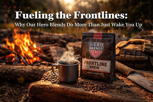 Veteran and first responder holding Blue Collar Ranch Coffee Hero Blend, supporting Tunnel to Towers