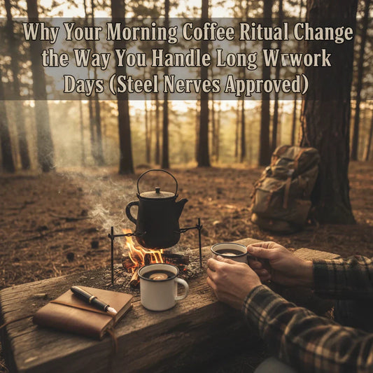 Blue-collar worker starting the morning with a cup of Steel Nerves Brew coffee before a long work day