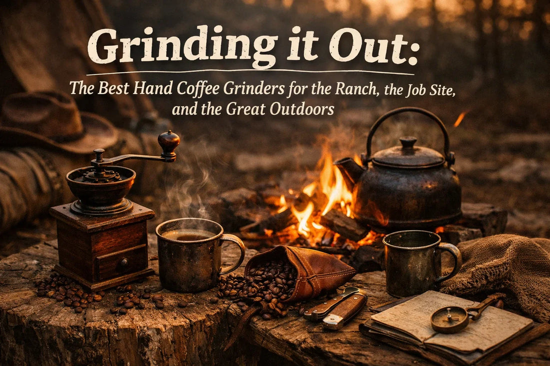 Hand coffee grinder on a rustic ranch workbench surrounded by fresh coffee beans and outdoor gear